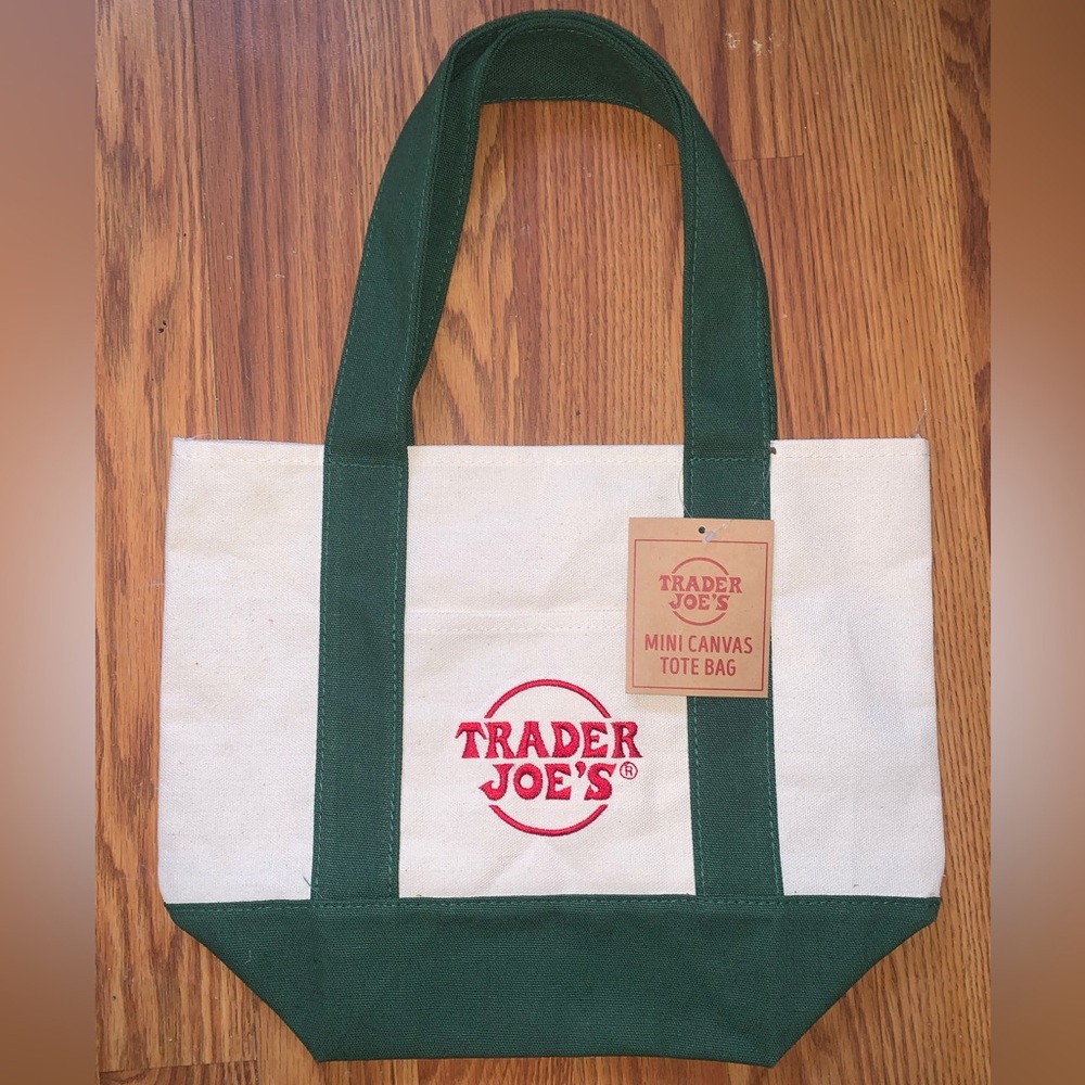 NWT Trader Joe’s Mini Canvas Tote Bag Dark Green w Red Embroider Logo